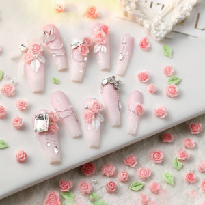 AqToCna 50pcs 3D Size 6 7 8mm Pearl Resin Flower Rose Nail Charms Accessories Pink Rose Red Nail Art Luxury Decoratons Supplies DIY