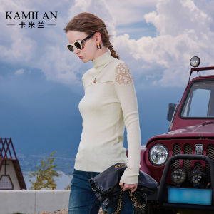Kamilan French Elegant Design Lace Splicing Woolen Sweater Womens New Style Knitted Top Polyester Fiber Long Sleeve Regular Fit