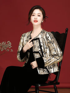 New Chinese Style Short Jacket Spring Vintage Golden Bamboo Leaf Relief Embroidery Womens Fashion Loose Fit Long Sleeve Coat