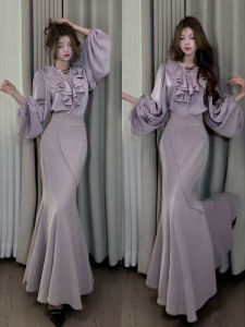 CHANGTONG | Purple Stylish Two-Piece Outfit with Shirt and Fish-Tail Skirt