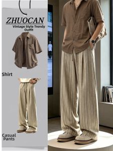 ZHUOCAN | Summer High-class Casual Linen Shirt Shorts and Wide-leg Stripe Pants Set