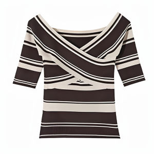 YUEZHONGWEI | French Style Shoulder Bared Stripe Knitted Short Sleeve T Shirt Women Summer Slim Fit Pure Desire Backless Short Length Top