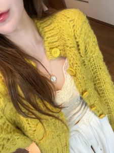 BINKAFENNY | Soft Yellow Long Sleeve Knitted Cardigan Womens Short Style Comfortable Autumn Winter High Quality Sweater Jacket Lazy Style Top