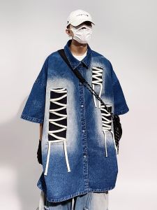 Hip-hop Retro Washed Loose Oversize Denim Short-sleeved Shirt