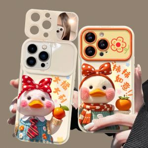 Cute Big Orange Duck Flip Cover Phone Case Compatible with  16promax Huawei Nova13 Mate60pro Mirror Design Protective Shell