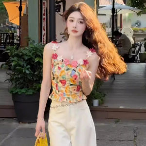 chaqi | French Floral Print Halter Vest Womens Summer Outerwear Design Unique Beautiful Top V-neck Casual Style No lining