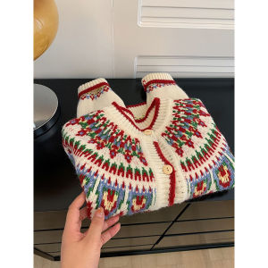 Christmas Elegant Fair Isle Knit Sweater Autumn Winter Loose Fashionable Youthful Decreasing Cardigan Korean Style Commute