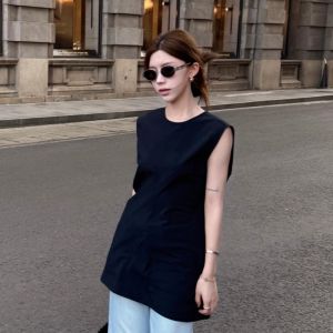 VKSOD | Korean Style Sleeveless Back Single Button Vest Top Womens Summer Blue Loose Jeans Two-Piece Set Round Neck Long Pants