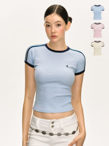 Ariseism American Retro Spicy Girl Color Block Short Sleeve T-Shirt Womens Slim Fit Summer New Style Street Fashion Cotton Blend