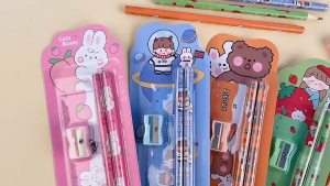 Cute Cartoon 5 in 1 Kids Stationery Set with Pencils Ruler Sharpener and Eraser – Astronaut Rabbit Bear Girl Blue Pink Yellow Options