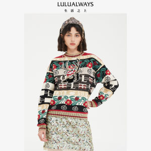 เสื้อสเวตเตอร์ถักคอกลมปักลายคริสต์มาสลำลองสำหรับผู้หญิง LULUALWAYS เสื้อสเวตเตอร์ถักแขนยาวคอตั้งทรงหลวม