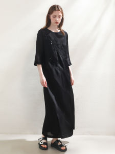 Miccbeirn | Elegant National Style Silk Georgette Embroidered Dress Shiny Sequin A-Line Slimming Long Commute Skirt Cotton Lining Round Neck