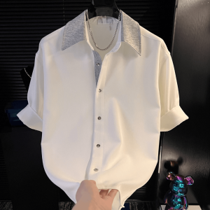 Summer Fashion Mens White Shirt Short Sleeve Versatile Style Half Sleeve Trendy Five-Quarter Sleeve Loose Fit Polyester Fiber