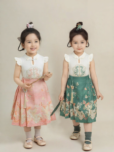 YOEHYAUL | National Style Stand Collar T-Shirt Double-sided Embroidery Bow Horse Face Skirt Girl Set