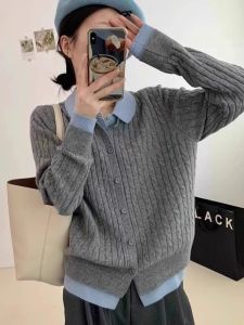 Áo Len Dệt Kim Rộng Rãi Cho Nữ Mùa Xuân Thu Tay Dài Cổ Bẻ Giả Hai Mảnh Áo Cardigan Cardigan Thường Ngày Không Có Mũ