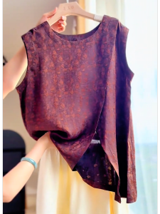 QINGNAER | Slit Design Sleeveless Vest Blouse Large Size Womens Vintage Shirt