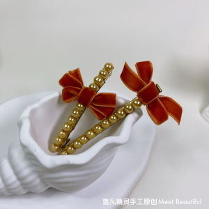 Original Design French Vintage Orange Velvet Hair Clip Edge Clip with Butterfly Knot And Champagne Pearl Sweet Girl Hair Accessory