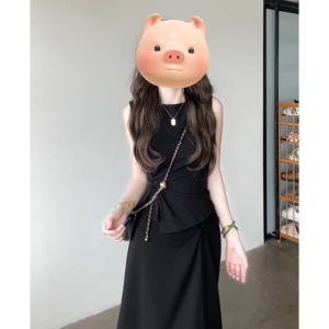 XIAOQIAOJIA | French Hepburn Style Black Round Neck Sleeveless Vest Dress Summer Unique Design Beautiful Waist-Cinching Long Skirt
