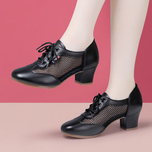 Ladies Summer Genuine Leather Dance Shoes Social Dancing Medium Heel Soft Bottom Sailor Dance Breathable Comfortable Square Dance Shoes