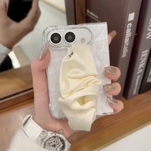 szhaiyu | For iPhone Duo Creative 3D Water Ripple Transparent Case With Cream Cloth Twisted Hand Strap Shockproof Cover Funda For Girls