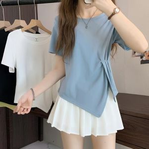 MiiOW | เสื้อยืดคอกลมแขนสั้นทรงสลิมฟิตสำหรับผู้หญิง MiiOW Cat ฤดูร้อนใหม่ ทรงหลวม ทรงลำลอง สีดำ ทรงฝรั่งเศส ทรงไม่สมมาตร