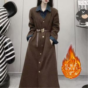 ชุดเดรสยาวทรงเข้ารูปสไตล์ย้อนยุค กระดุมข้างเดียว ปกปิดหน้าท้อง ชุดสองชิ้นปลอม ชุดเดรสฤดูใบไม้ร่วง ฤดูหนาว