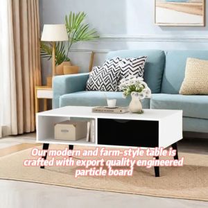 deTrend Modern Minimalist Coffee Table with Drawers -White/Black Wood Living Room Coffee Table with Solid Wood LegsSemi-Open Storage Compartment-8266