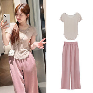 Zhaolu Si Airy Quần Dài Drapey Ống Rộng Quần Áo Thun Nữ Tay Ngắn Mùa Hè Áo Đáy Dễ Thương Phong Cách Mori Girl Cổ Tròn Phong Cách