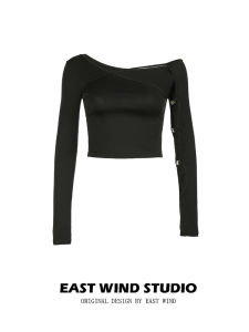 Sweet And Spicy Girl Asymmetrical Neckline Sleeveless Top Slim Fit Short Length Womens T-shirt Long Sleeve Hollow out Design