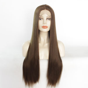 Fashionable Business Womens Long Straight Hair Wig Linen High Temperature Silk Middle Part Natural Looking Lace Frontal Hairpiece