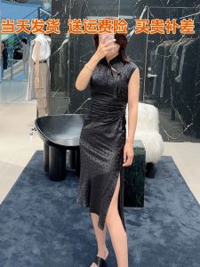 Elegant Slimming Chinese Style Silk Polka Dot Embroidered Dress Summer New Arrival Womens Long Dress Natural Waist Design Fly Sleeve