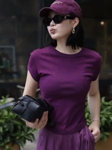 Purple Slim Fit round Neck Short Sleeve T-Shirt Womens Fashionable Summer High End Feeling Personality Commute Korean Style Top