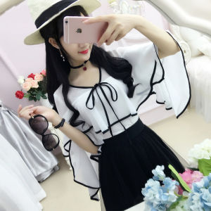 Fresh Style Womens Loose Summer T-Shirt New 2025 Korean Version Sun Protection Lace Sleeve Chiffon Top Holiday Wear