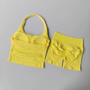 Women 2Pcs Halter Cross Back Yoga Set Padded Bra High Waist Peach-hip Lifting Shorts Gym Pilates Workout Fitness Outfit