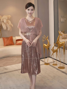 Elegant Pink Waist-Cinching Dress for Women Summer Season High Waist A-Line Gown Short Sleeve V-Neck Zipper Closure Formal Wear