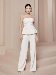 ชุดราตรีคอวีแขนกุดหรูหราสำหรับผู้หญิง ชุดทำงานสไตล์เกาหลี ชุดทำงานผ้าโพลีเอสเตอร์สีพื้น ชุดทำงานสไตล์เกาหลี