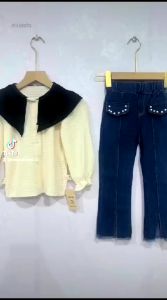 SSP45 - 3-8Thn Setelan Set Anak Perempuan Double Lace Neck + Celana Jeans