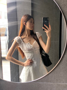 White A-Line Dress Womens Summer 2025 New French Style High Waist Short Sleeve Cotton Casual Simple Color Unique Small Size