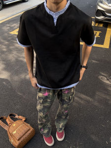 American Style False Two-Piece V-Neck Short Sleeve Mens Summer Clothing Durable Fabric Loose Fit Breathable Polo Shirt