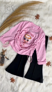 Setelan Kaos Serut Crop Top Lengan Panjang dan Cutbray Garis Anak Perempuan Ballerina Cappucina Anomali Umur 1-14 tahun