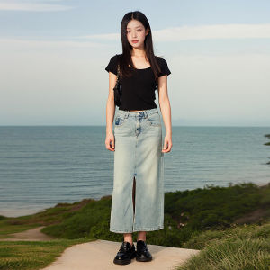 Váy Mini Denim Cạp Cao Phong Cách Hàn Quốc Dài qua Đầu Gối Cho Nữ Mùa Hè 2025 Váy Chữ a Cotton Polyester Váy Công Sở