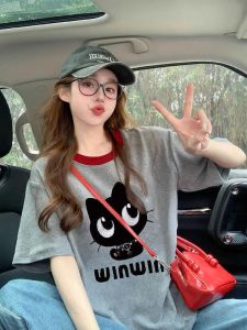 Summer Cotton Blend Casual Loose Fit Womens T-Shirt Short Sleeve Mid-Length Versatile Style plus Size Slimming Effect Top