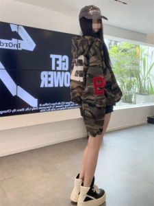 American Design Camouflage Letter Embroidery Open Cardigan Hoodie Long Sleeve Womens Casual Sweet Elegant Top Spring Autumn