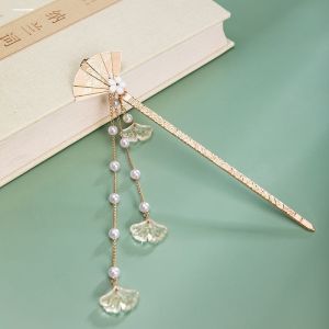 New Pearl Folding Fan Hairpin Tassel Hairpin Ancient Style Hair Accessories Hanfu Hair Decorations Fresh out Ethnic Fashion