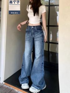สูง เอว หลวม ขาตรง เดนิม กางเกงยีนส์ ผู้หญิง ความยาวขยาย กางเกงขาม้า วินเทจ สไตล์อเมริกัน ฤดูใบไม้ร่วง พรางหุ่น กางเกงขายาว