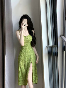 French Tea Break Green Floral Halter Dress Women Summer Waist Cinching Pure Desire Beachside Split Long Skirt Vintage Style