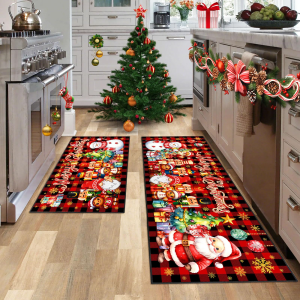 VIKAMA 2-Piece Merry Christmas Kitchen Rug Set New Winter Holiday Kitchen Decor Floor Mat Porch Pathway Mat Non-Slip Home Decor
