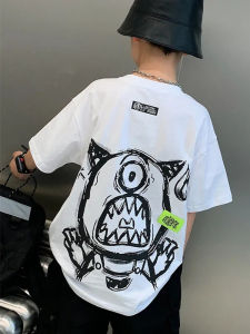 เสื้อยืดแขนสั้นผ้าฝ้ายแท้สำหรับเด็กชาย ทรงหลวม ลายสัตว์ประหลาด ฤดูร้อน 2024 เสื้อผ้าเด็กชาย แฟชั่นลำลอง สีพื้น