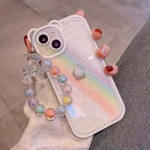 Phone Hand Lanyard Crystal Macaron Beads Bear Wrist Strap for iPhone Huawei Redmi Xiaomi Samsung Camera Keychain Hang String