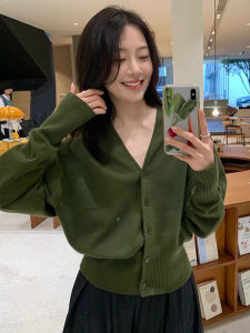 Green V-neck Knitted Cardigan Outwear Womens Spring & Fall Fancy Loose Tight Waist Outer Wear Korean Style Wear Wear Chic Tops